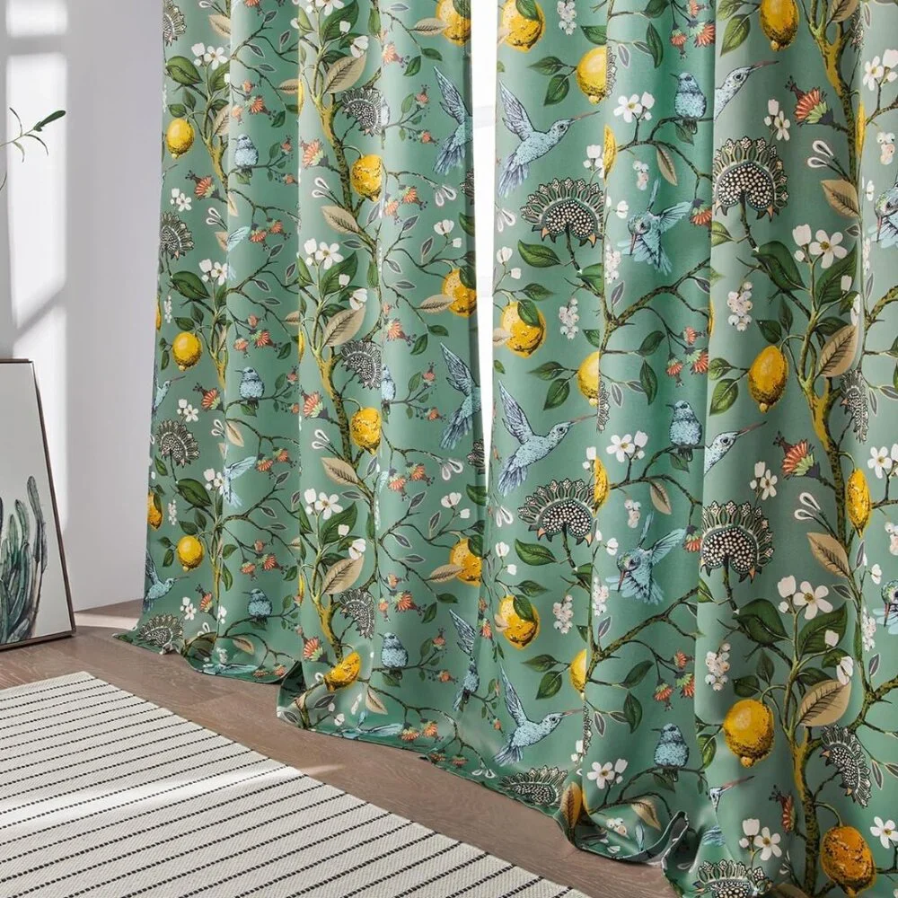 Floral Lemon Hummingbird Curtains Patterned Waverly Mid-Century Style